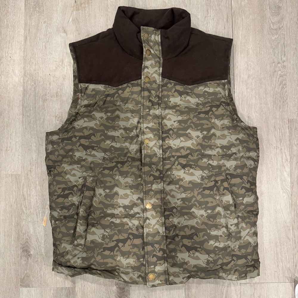 BROOKS BROTHERS Duck Down Puffer Vest Full Zip Printed Horse Camo Sz M NWT